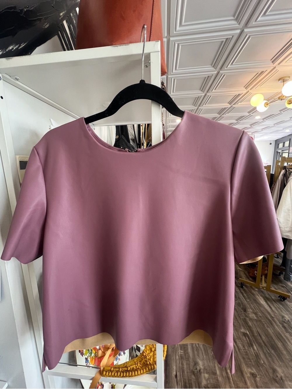 Steve Madden Mauve Short Sleeve Scallop Hem Crop pleather top NWT